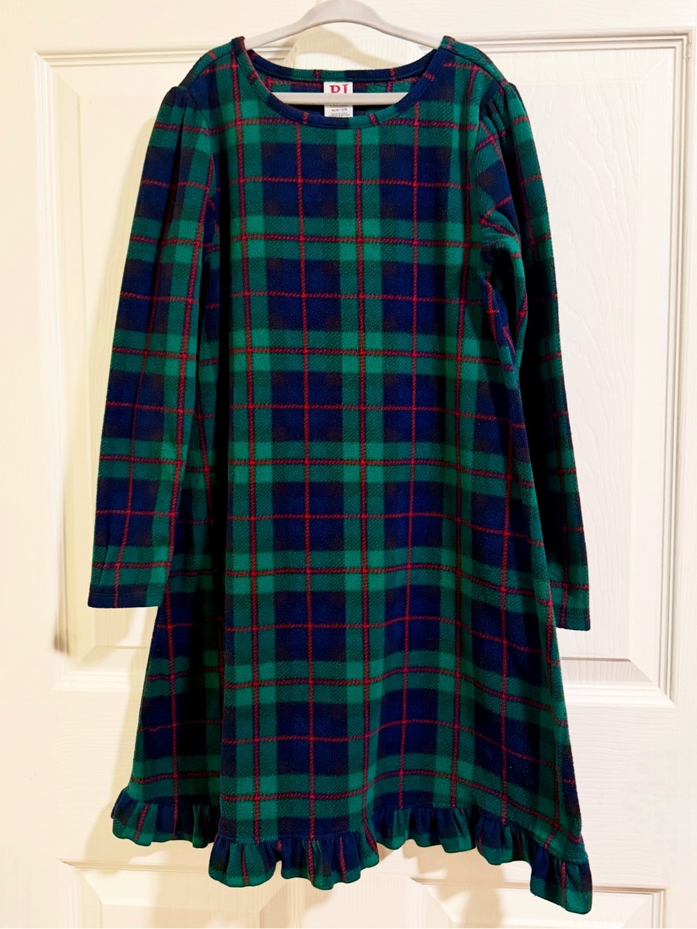 PJ Place Girls Size M 7/8 Green Blue Plaid Fleece Nightgown Christmas Holiday